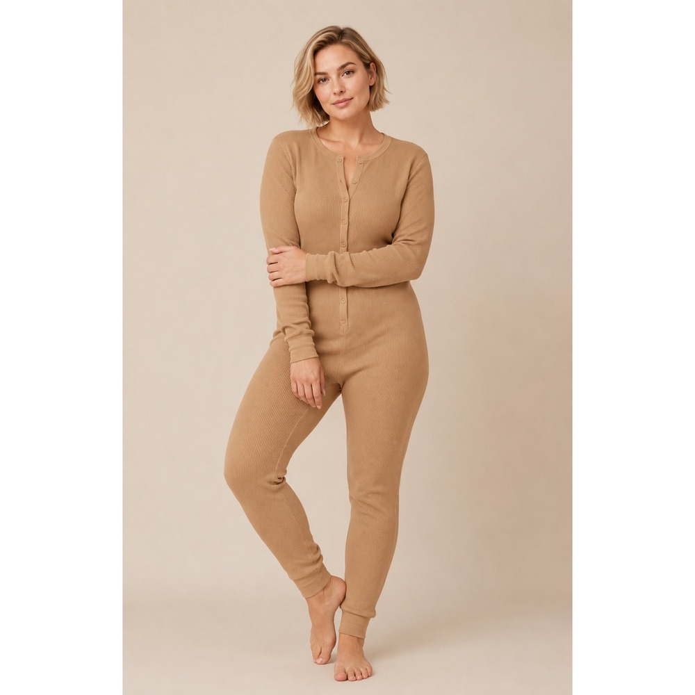 SKIMS Waffle Knit Long John Pajama Jumpsuit Camel‎ 3X